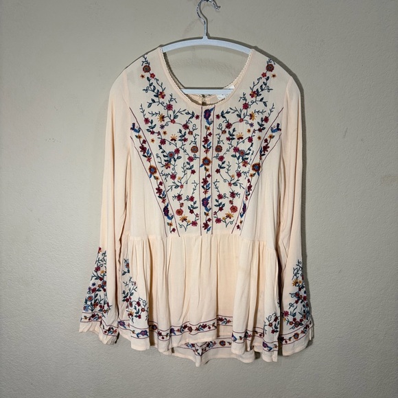 Umgee Embroidered Boho Peasant Top Ivory Womens Long Sleeves Sz L Cottagecore - Picture 2 of 13